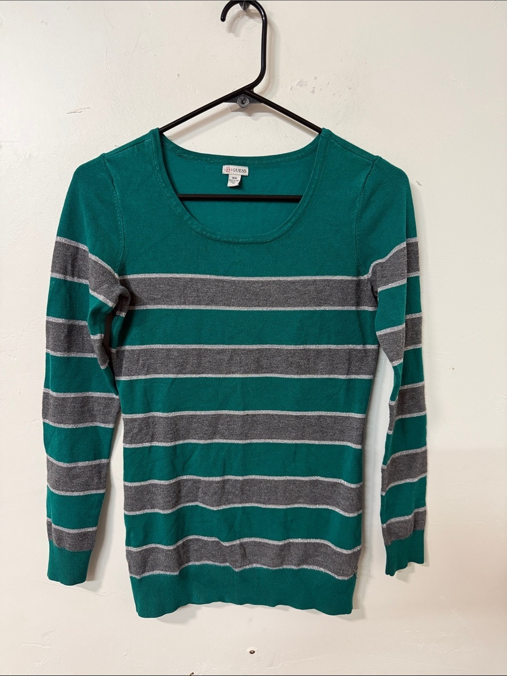 Guess Teal and Gray Striped Scoop Neck Sweater Y2K
